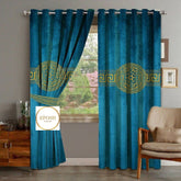 2 Pieces Luxury Velvet Curtain Panels with 2 belts-Cyan Blue l/Gold 003